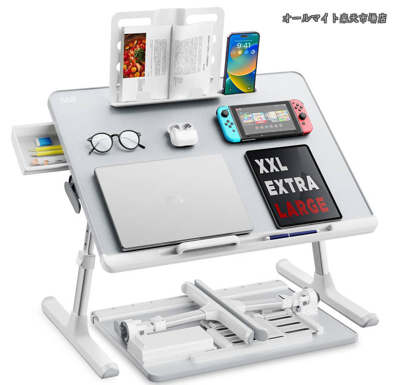【送料無料】折りたたみミニテーブル「安定性強化版」ローテーブル ベッド用 軽量 大容量天板 角度・高さ調整可能 引き出し&ブックスタンド付き 表面PVC加工 40kg耐荷重 勉強 食事 一人暮らしに最適 K7 (ホワイト 60*45cm)｜オールマイト　店