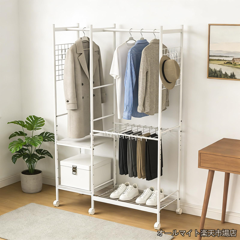 【送料無料】ハンガーラック 洋服ラック ズボンハンガー 頑丈 高さ調節可 ズボンハンガー8本付属 8個Sフック キャスター付き アジャスター付き シューズラック コートハンガー 省スペース 組み立て簡単 寝室・バルコニー・ランドリー用 (ホワイト 108*40*175cm)|オールマイト 店