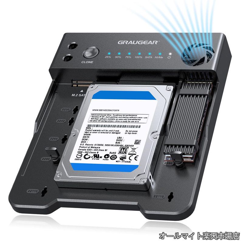 【送料無料】M.2 NVMe & SATA SSD/HDD ハードドライブドッキングステーション USB-C 10Gbps リーダー/クローナー SATA SSD&HDD to M.2 NVMe SSDコンバーター オフラインクローニング ツール不要 内蔵冷却ファン｜オールマイト　店
