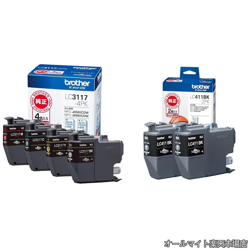 【送料無料】ブラザー工業(Brother Industries) インクカートリッジ4色パック LC3117-4PK + インクカートリッジブラック2個パック(エコパッケージ) LC411BK-2PK-E｜オールマイト　店