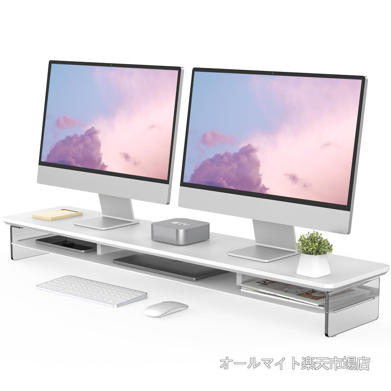 【送料無料】Fenge モニター台 モニタースタンド 卓上 机上台 パソコン台 PC台 机上ラック 108cm横幅 2段 木製天板 アクリル製脚 デスクトップ用 机上 モニタースタンド 机上台 pcモニター台 パソコンラック 卓上 収納 整理整頓 ホワイト一括 注文可能G04Y2101A｜オールマイト　店