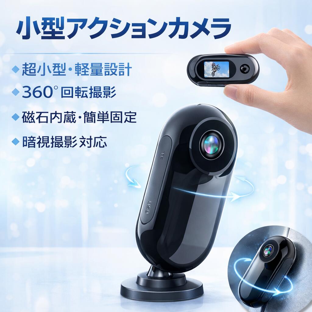 アクションカメラ ウェアラブルカメラ 小型 【360度回転クリップ】 小型ビデオカメラ 広角 ボディカメラ 350mAh 約180分連続撮影 暗視撮影 循環録画 磁石内蔵 Vlog/旅行/アウトドア/ペット/スポーツ 三脚穴付きケース\u0026回転クリップ\u0026ストラップ