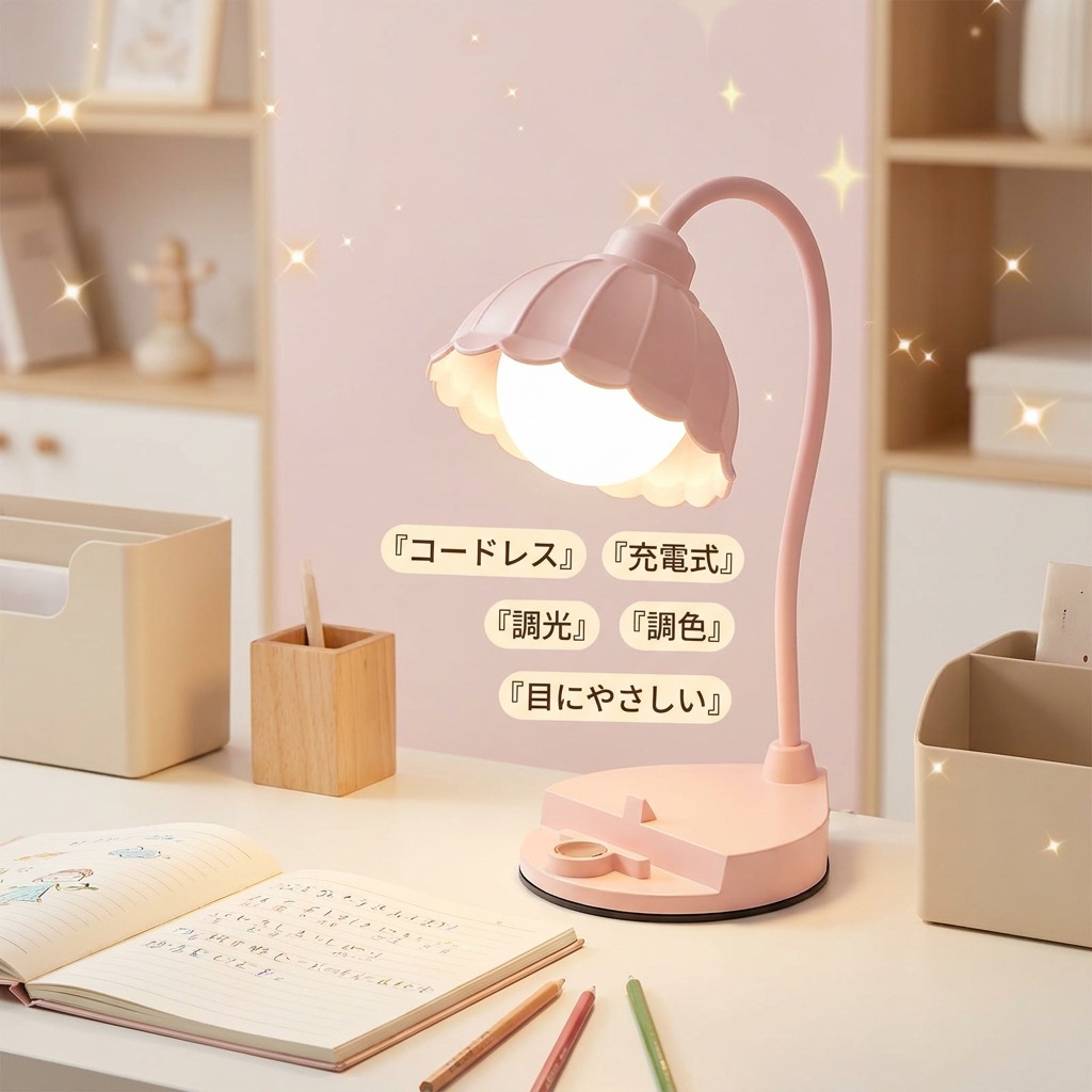 【サクラ色のコードレス】事務机点火装置 調色 スタン 目に人懐っこい LED 卓上点火装置 今めかしい 申し受ける式 明かり照明ランプ 調光 赤ちゃん用 学び取る机