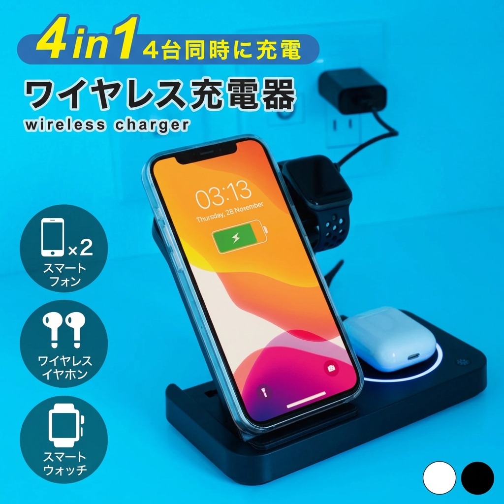 【3in1じゃなくて4in1!! 】 ワイヤレス充電器 \ランキング1位獲得★/ 4台同時に充電可能! 4in1 iPhone ワイヤレス 充電器【最強配送対応で最短翌日到着】15W 急速充電 ワイヤレス充電スタンド Apple Watch充電器 18Wアダプター付属 充電器PSE認証済 Qiスマホ機種全対応