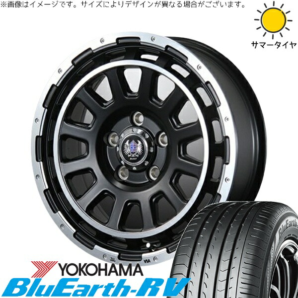 エブリィワゴン 165/60R14 サマータイヤ ホイール 4本セット 新品 | ヨコハマタイヤ (YOKOHAMA) ブルーアース RV03 × ブレスト (BLEST) バーンズテック DH-ストリーム セミグロスブラック 14インチ 4.5J +45 4穴100