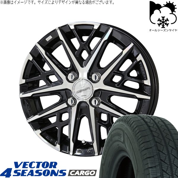 プロボックス 155/80R14 オールシーズンタイヤ ホイール 4本セット 新品 | グッドイヤー (GOODYEAR) ベクター4シーズンズ カーゴ × 共豊コーポレーション (KYOHO) スマック グレイヴ サファイアブラックポリッシュ 14インチ 5J +34 4穴100|タイヤショップ オールテレーン