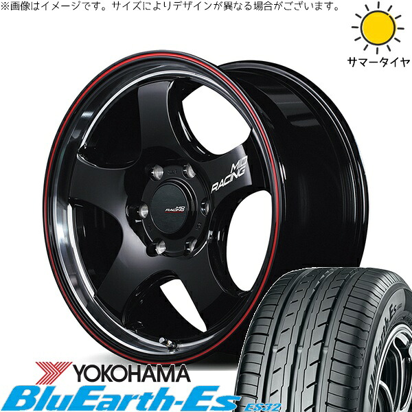 ハイエース専用 215/65R16 サマータイヤ ホイール 4本セット 新品 | ヨコハマタイヤ (YOKOHAMA) ブルーアース ES32 × エムアイディー (MID) MIDレーシング R05-HC ブラックリムヴァーティカルポリッシュ/レッドライン 16インチ 6.5J +38 6穴139.7