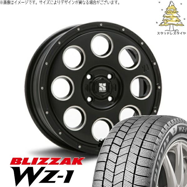 NBOX スペーシア タント デリカミニ 155/65R14 スタッドレスタイヤ ホイール 4本セット 新品 | ブリヂストン (BRIDGESTONE) ブリザック WZ-1 (BLIZZAK WZ-1) × エムエルジェイ (MLJ) エクストリームJ KK03 サテンブラックミルド 14インチ 4.5J +45 4穴100