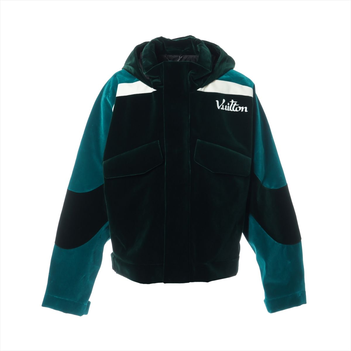 【中古】ヴィトン 22AW コットン ジャケット 56 メンズ グリーン RM222 ハンガー ガーメント付 胸プリントシワ有