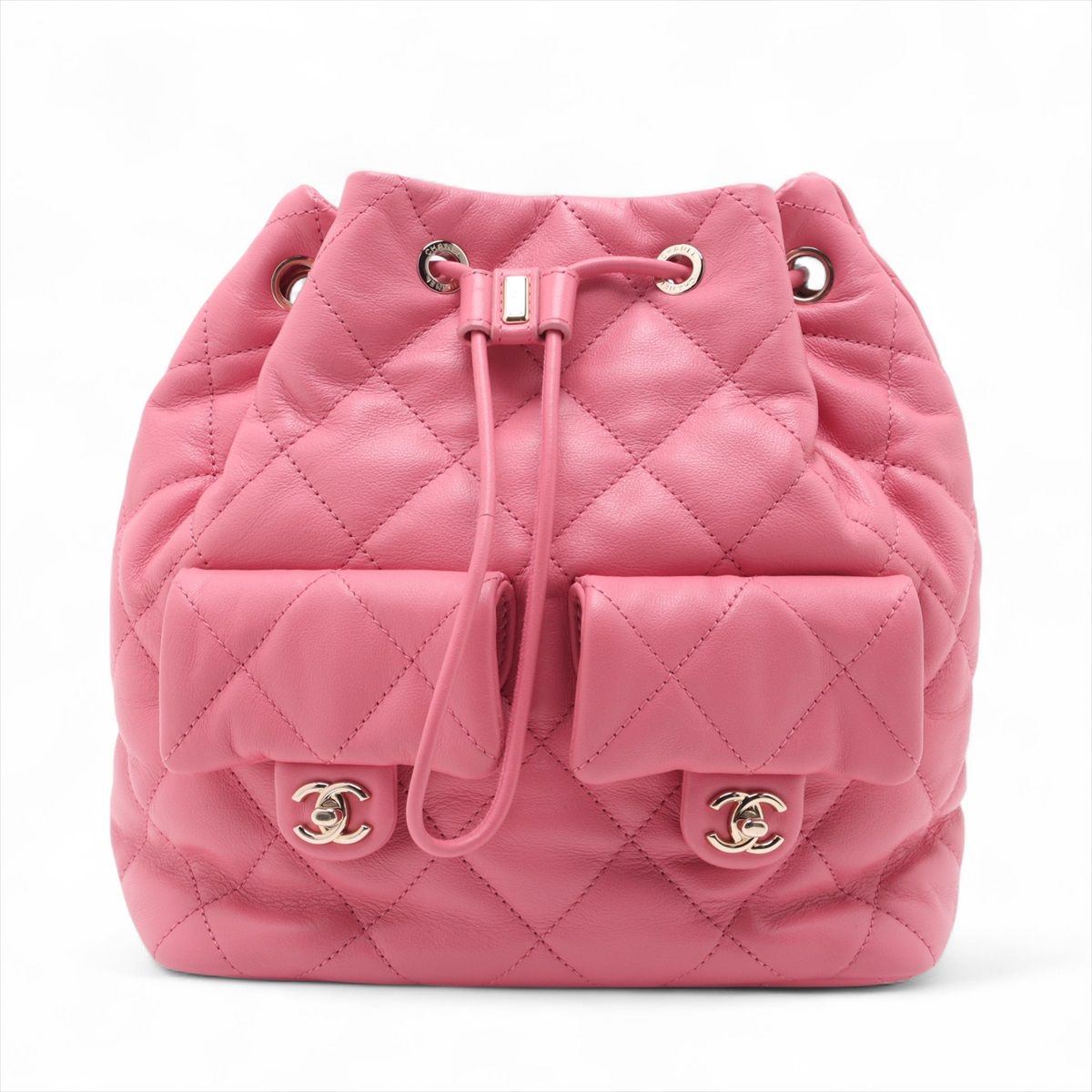 【中古】シャネル マトラッセ ラムスキン チェーンリュック 巾着 ピンク ゴールド金具 ランダムプレート AS4342