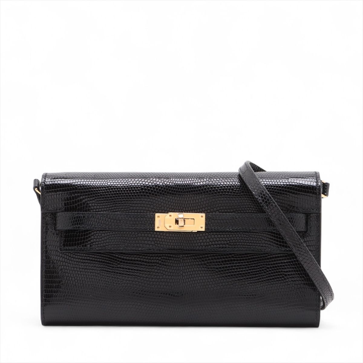 【中古】エルメス ケリーウォレット トゥーゴー リザード ブラック ゴールド金具 K:2025年