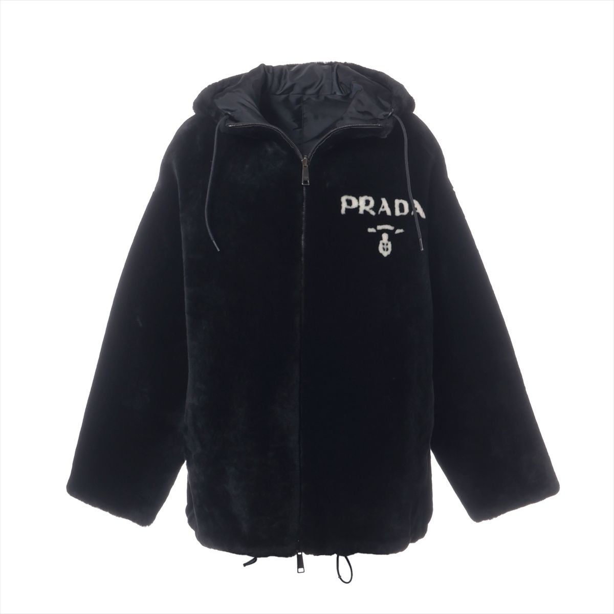 【中古】プラダ Re Nylon リ ナイロン 21年 ファー ジャケット 36 レディース ブラック 58A067 トライアングルロゴ シープスキン染ファー リバーシブル|ALLU 店