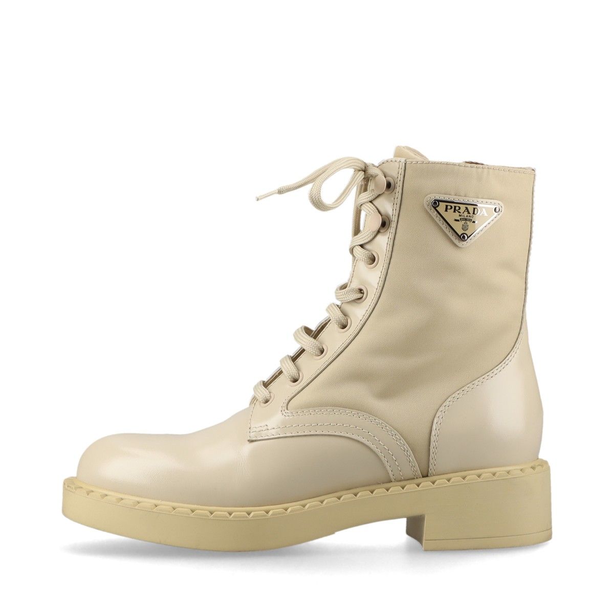 【中古】プラダ Re Nylon リ ナイロン レザー ショートブーツ 36 1/2 レディース ベージュ 782 トライアングルロゴ レースアップ 箱あり