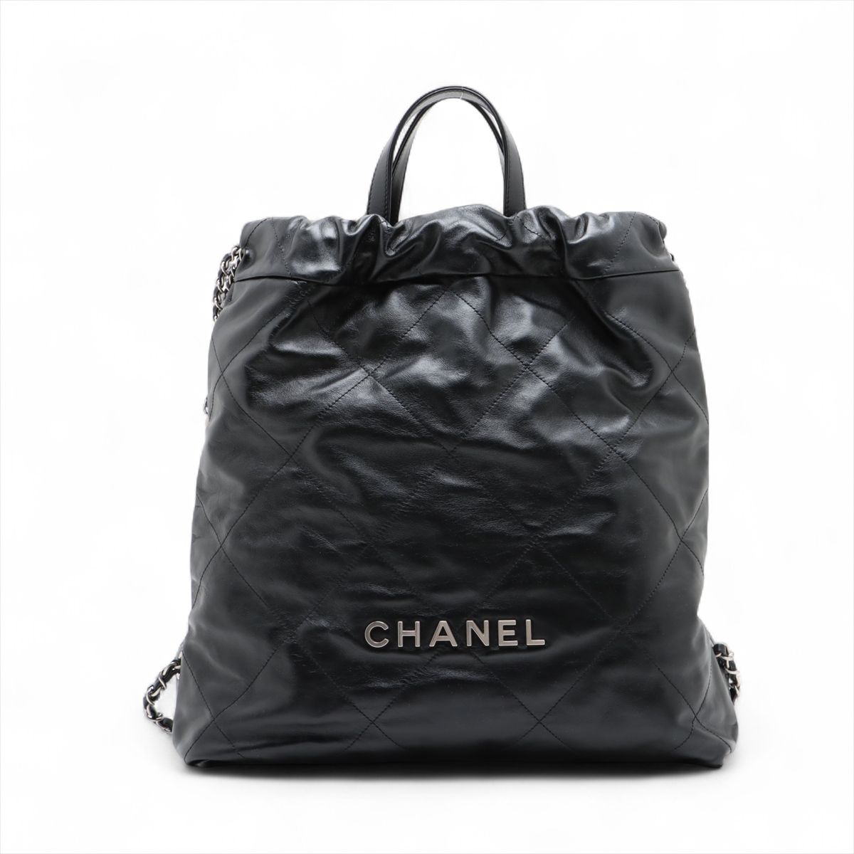【中古】シャネル シャネル22 うしろ側容器に並べる シャイニーカーフスキン チェーン店背嚢 黒いこと しろがね色金具 手当たり次第お皿 AS3859