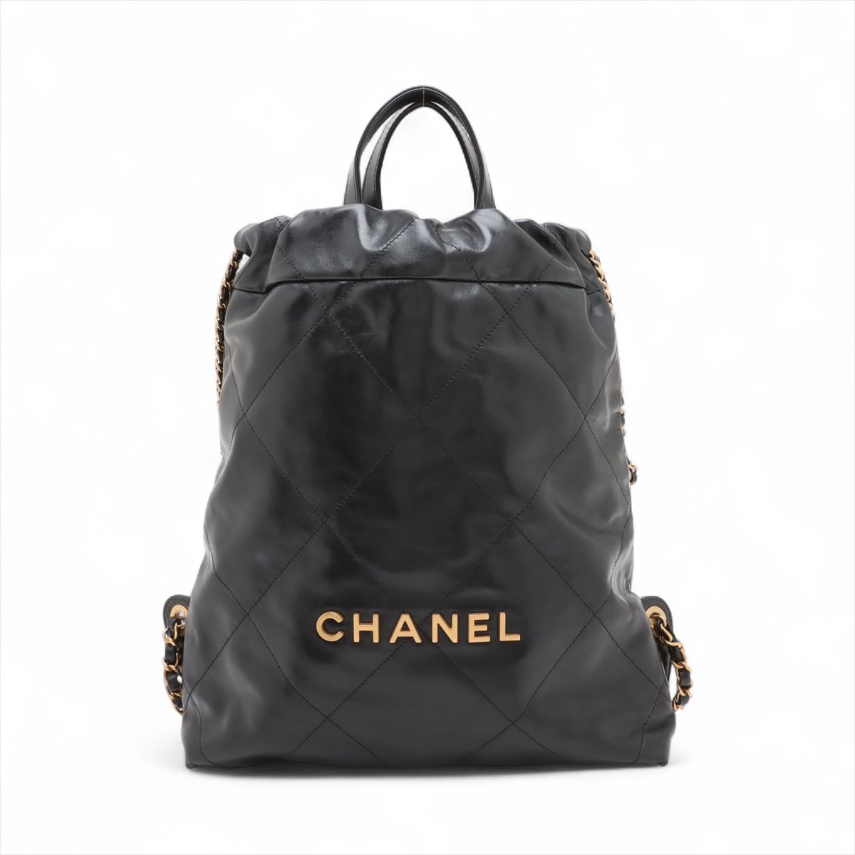 【中古】シャネル シャネル22 うしろ側容器に並べる シャイニーカーフスキン チェーン店背嚢 黒いこと ゴールド金具 手当たり次第一皿 AS3859