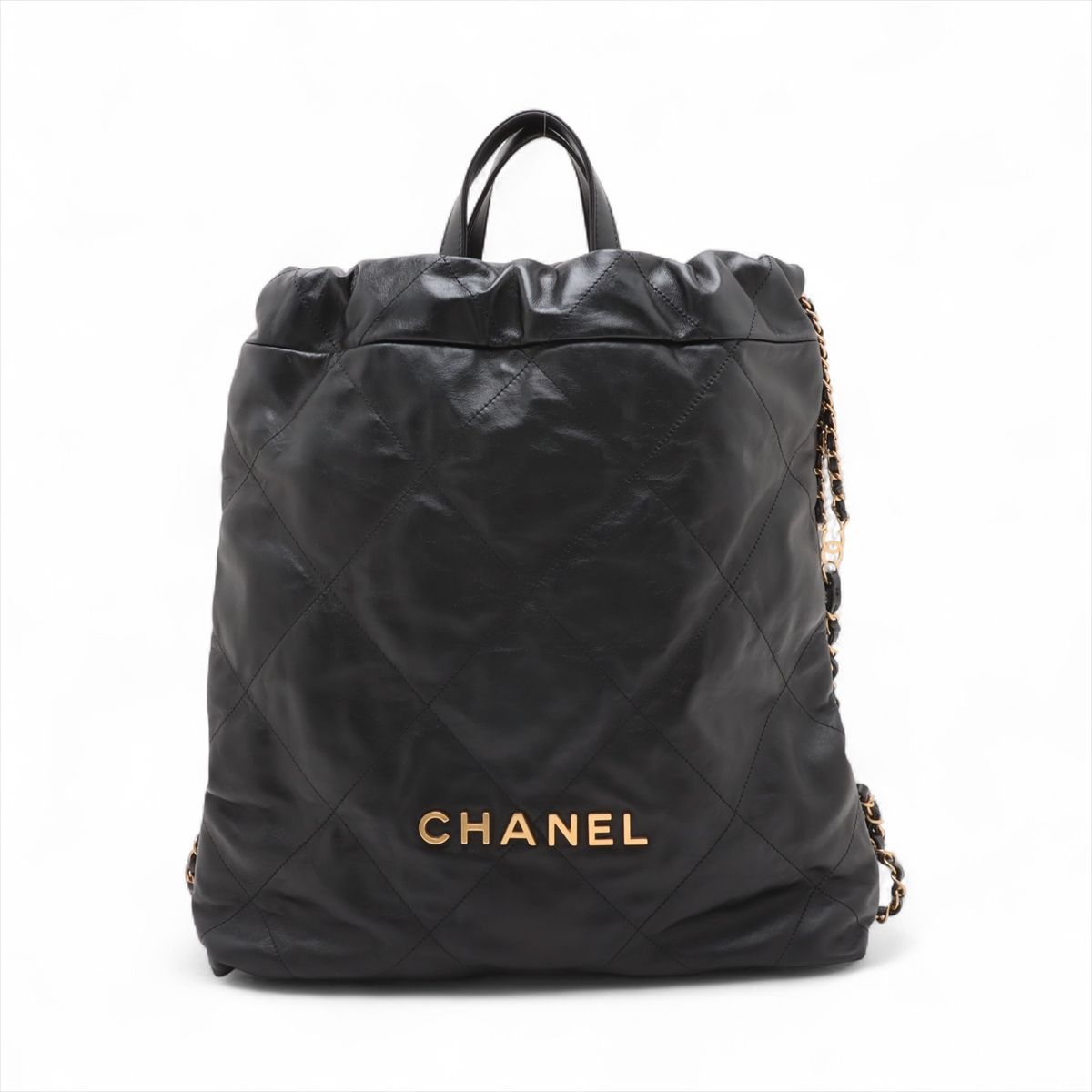 【中古】シャネル シャネル22 うしろ側容器に並べる シャイニーカーフスキン チェーン店背嚢 黒いこと ゴールド金具 手当たり次第一皿 AS3313