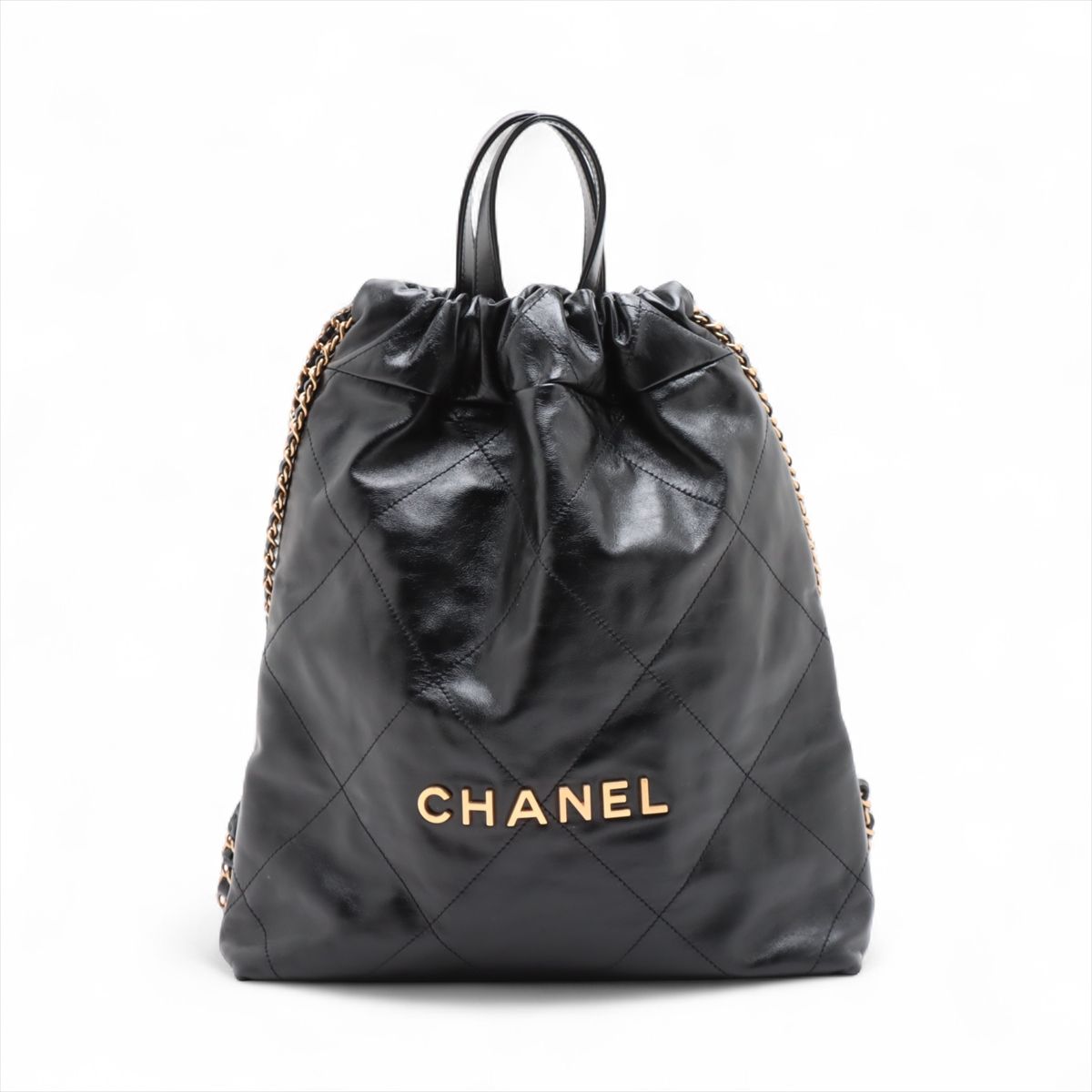 【中古】シャネル シャネル22 バックパック シャイニーカーフスキン チェーンリュック ブラック ゴールド金具 ランダムプレート AS3859