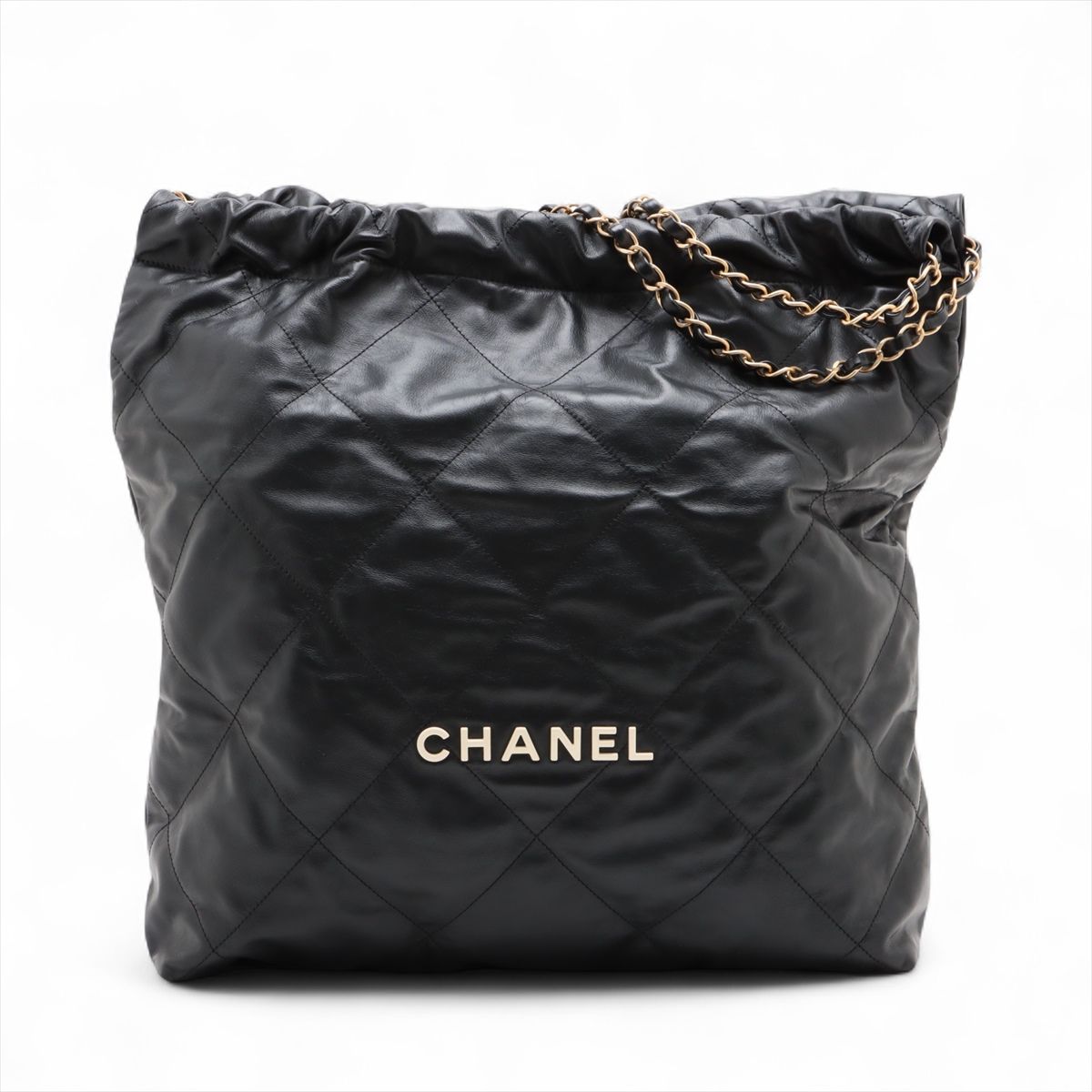 【中古】シャネル シャネル22 シャイニーカーフスキン チェーンショルダーバッグ ブラック ゴールド金具 ランダムプレート AS3261