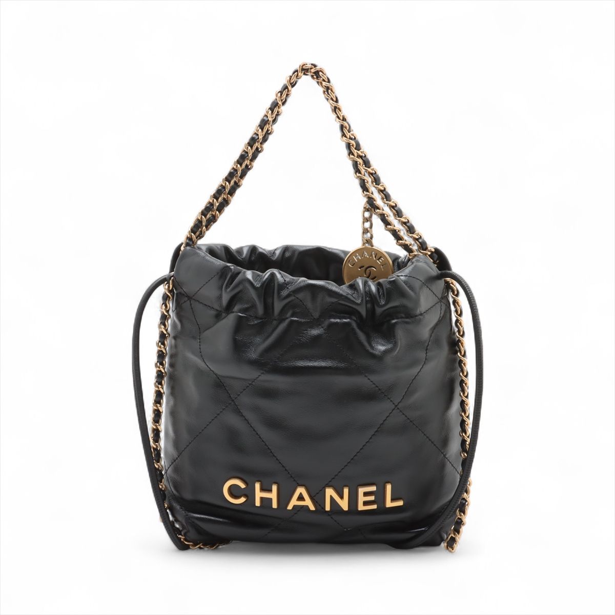 【中古】シャネル シャネル22 ミニ シャイニーカーフスキン チェーンショルダーバッグ ブラック ゴールド金具 ランダムプレート AS3980