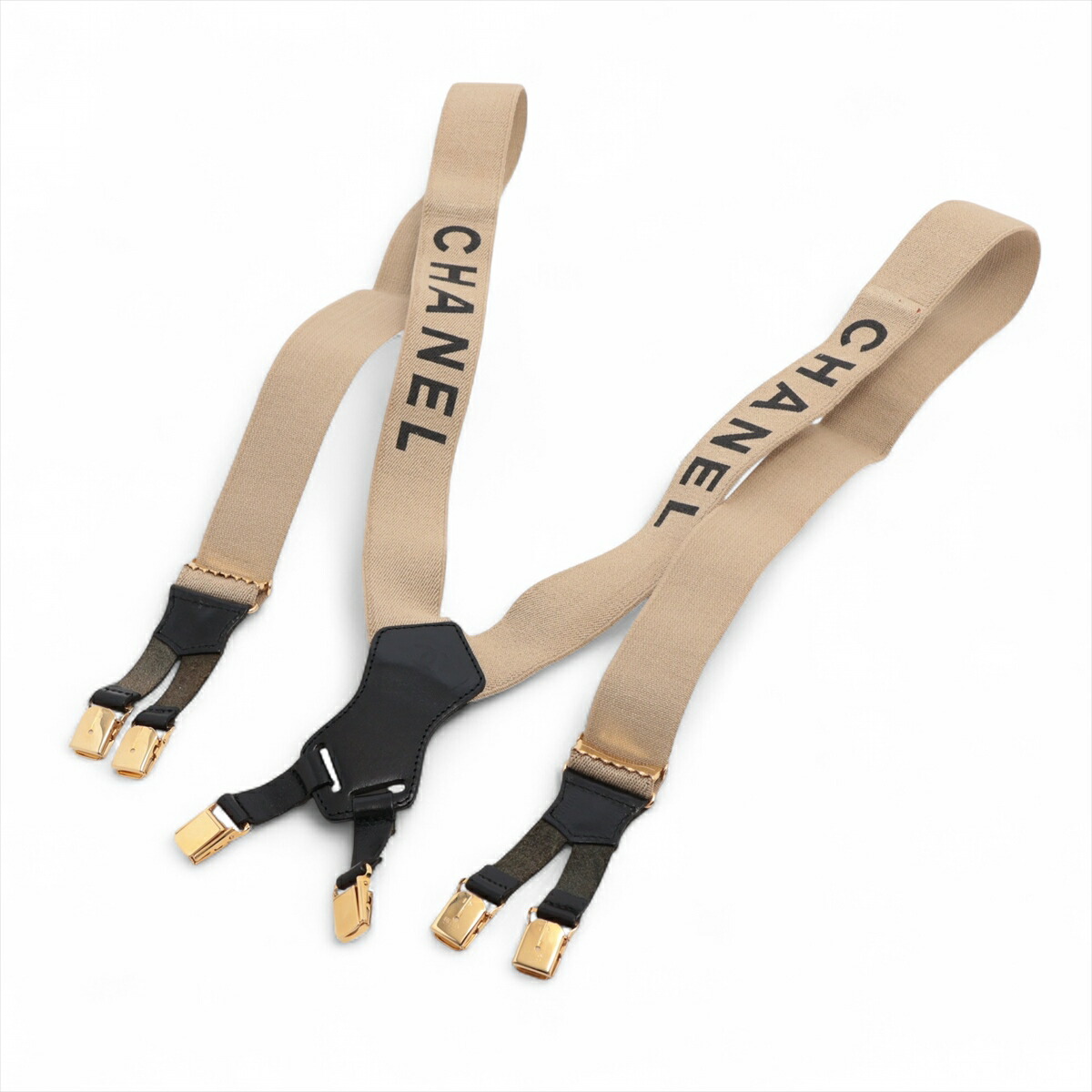 シャネル ココマーク サスペンダー レザー ファブリック ベージュ 60911 シャネル ココマーク サスペンダー レザー ファブリック ベージュ 60911