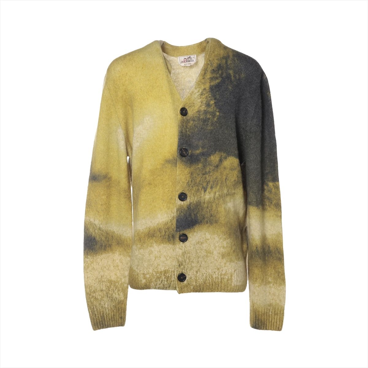 【中古】エルメス 24AW アルパカ×カシミヤ×ウール カーディガン XL メンズ グレー×グリーン ソルド品