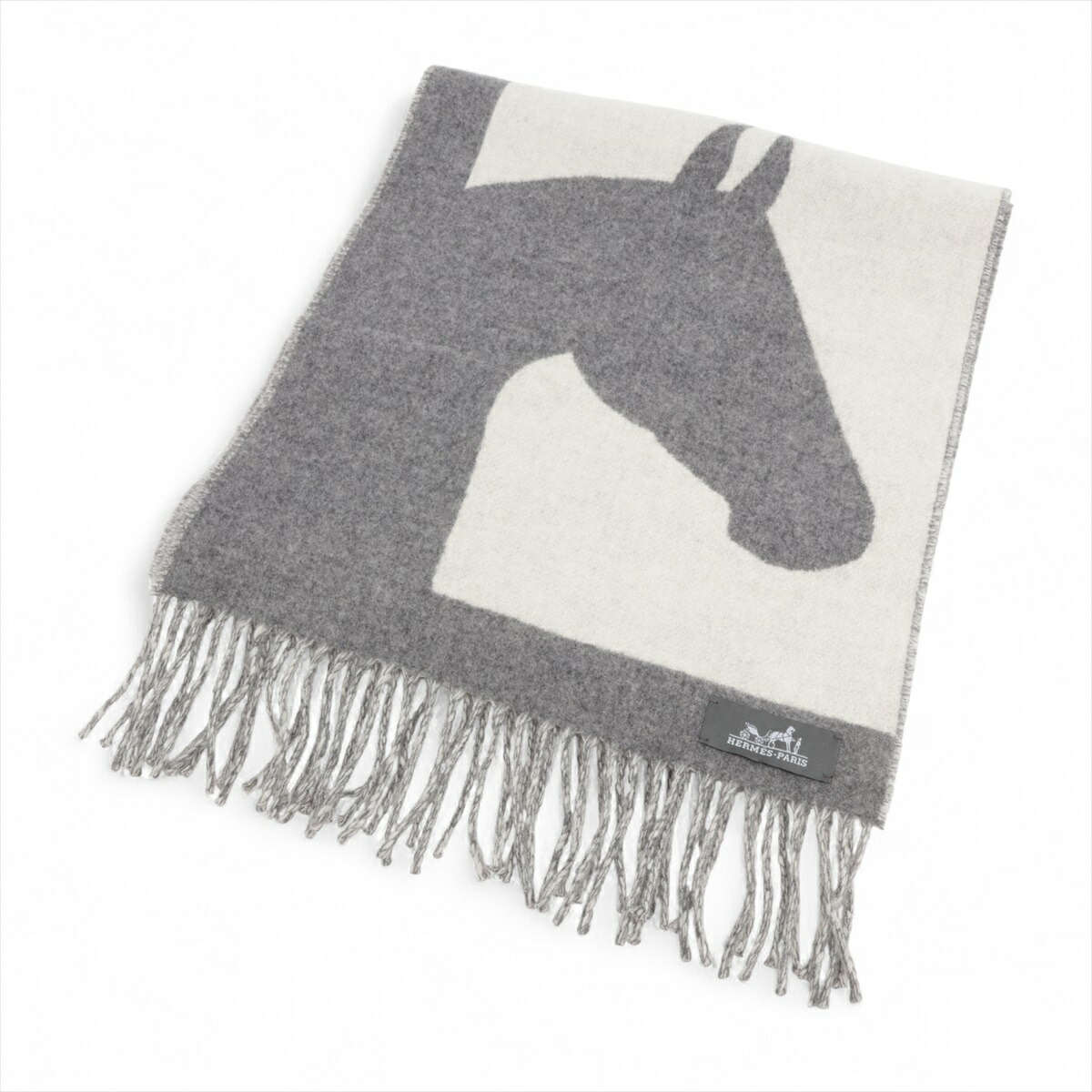 未使用【エルメス】ラブストーリー　馬柄　カシミア　100%　マフラー HERMWS】エルメス マフラー ラブストーリー 馬柄 オレンジ×ネイビー