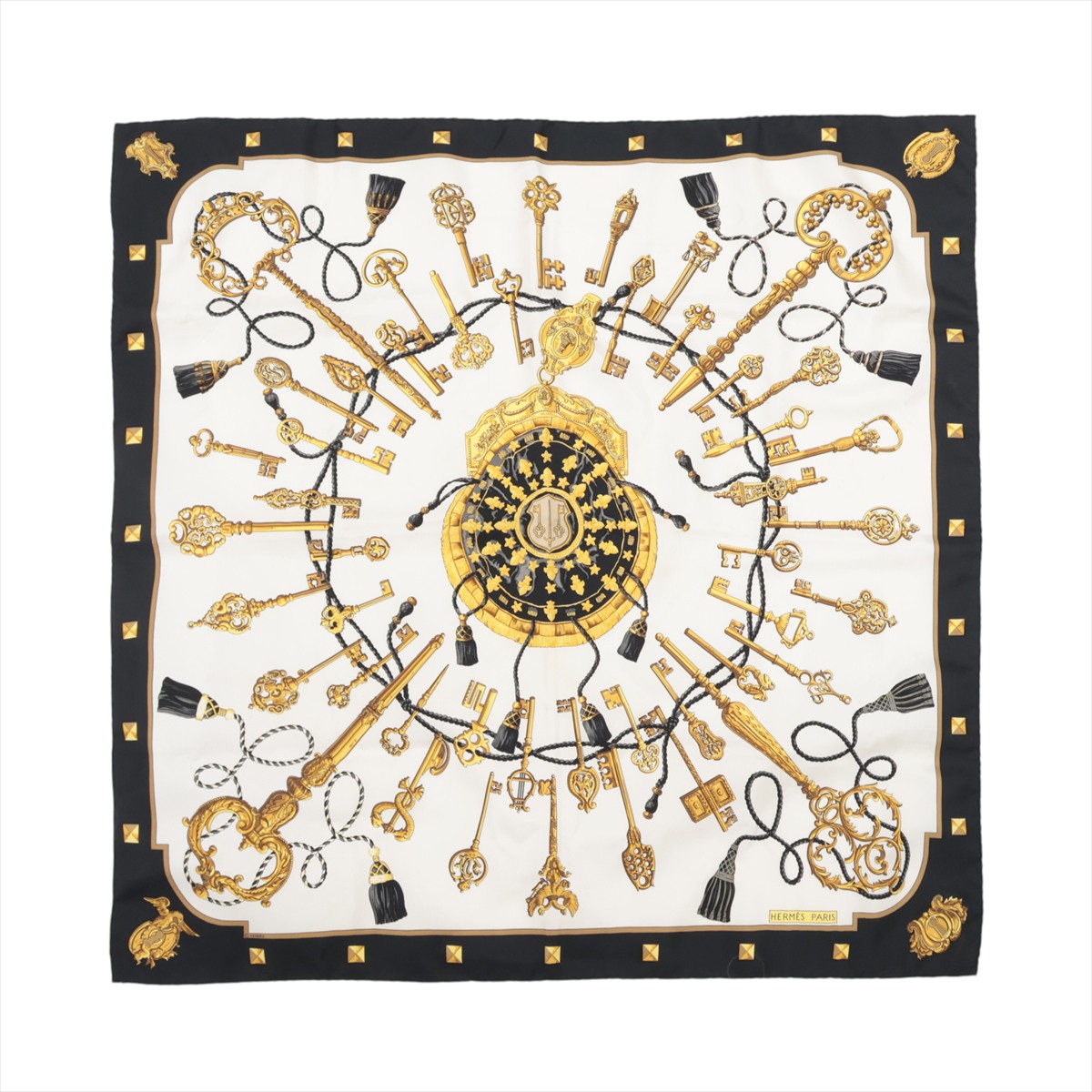 HERMES エルメス LES CLES 鍵 カレ90 スカーフ ブラック×ホワイト×ゴールド 14054 レディース【中古】 t19171a a4149474.jpg