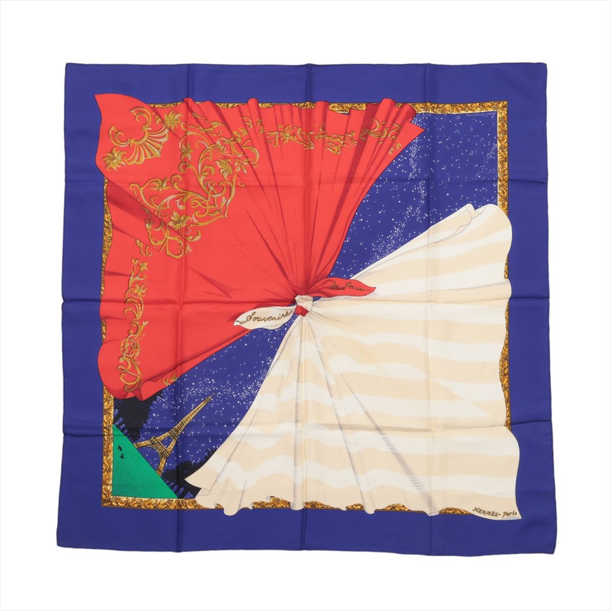 【中古】エルメス カレ90 Souvenirs de Paris 光の都市の心おぼえ えり巻き 地絹 赤いこと×青み
