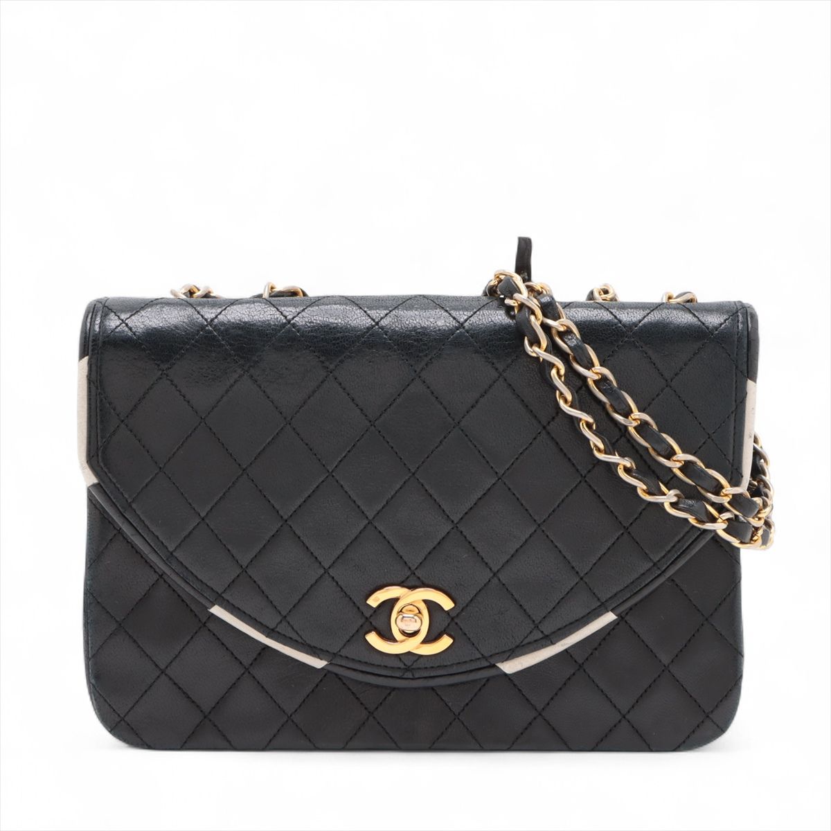 【中古】シャネル マトラッセ ラムスキン シングルフラップ ダブルチェーンバッグ ブラック ゴールド金具 0番台
