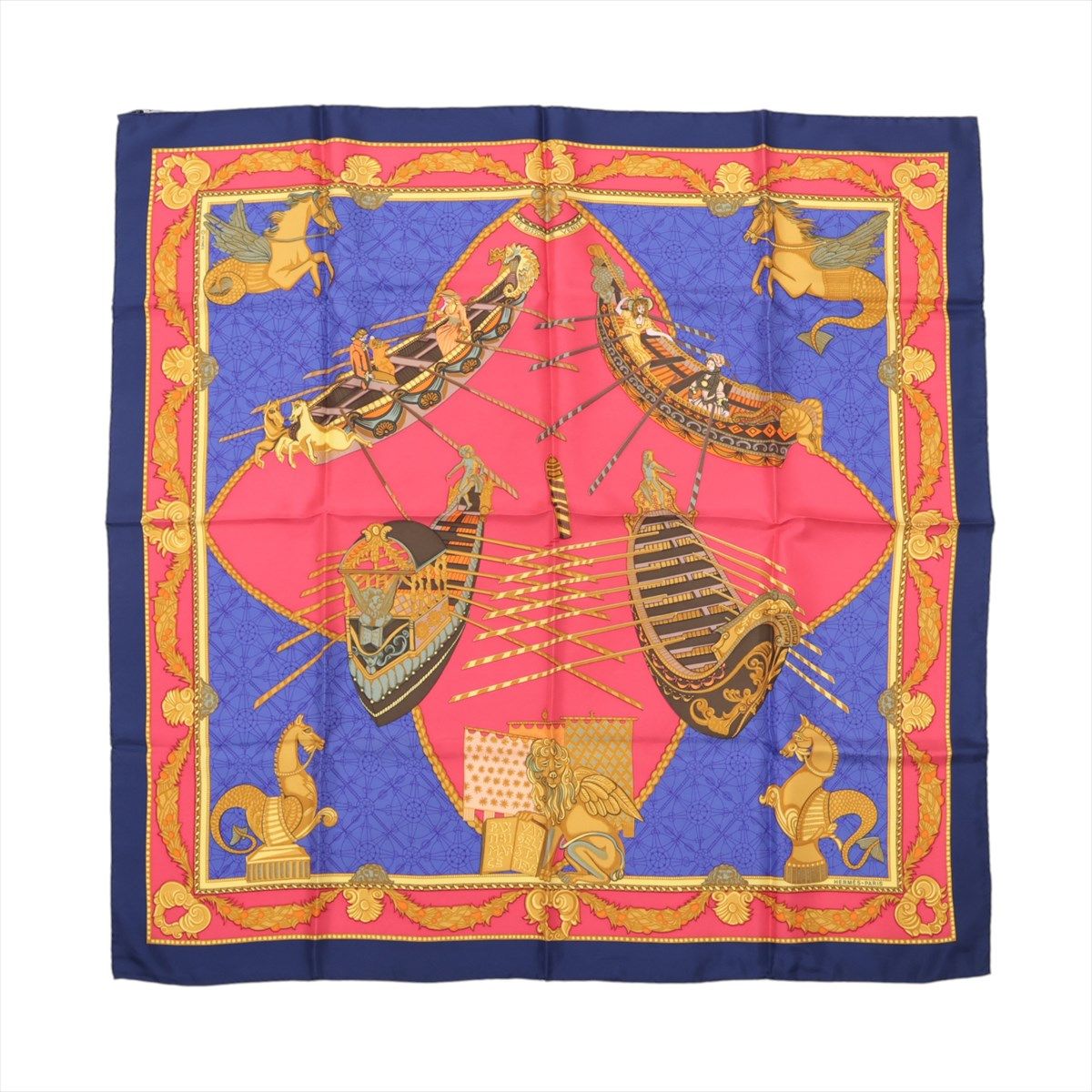【中古】エルメス カレ90 LES BISSONE DE VENISE ヴェニスの船祭り スカーフ シルク ネイビー×レッド