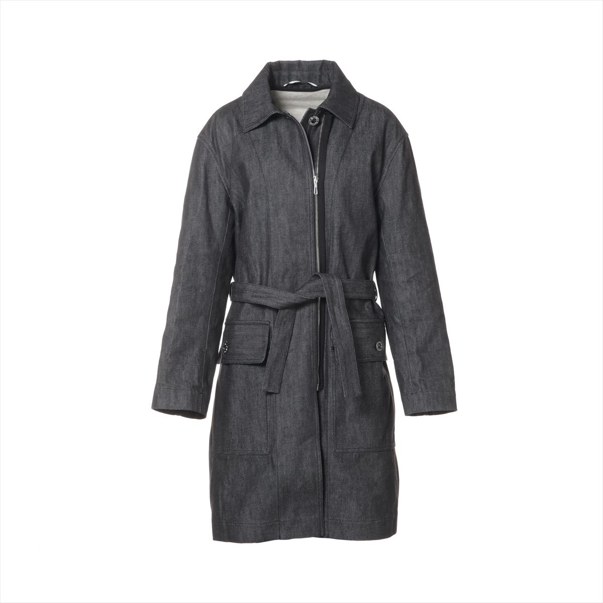 【中古】エルメス 25AW コットン×ポリエステル コート 42 レディース グレー ライナー付 5H0169DI 2way ベルト付 セリエボタン カーコート デニム