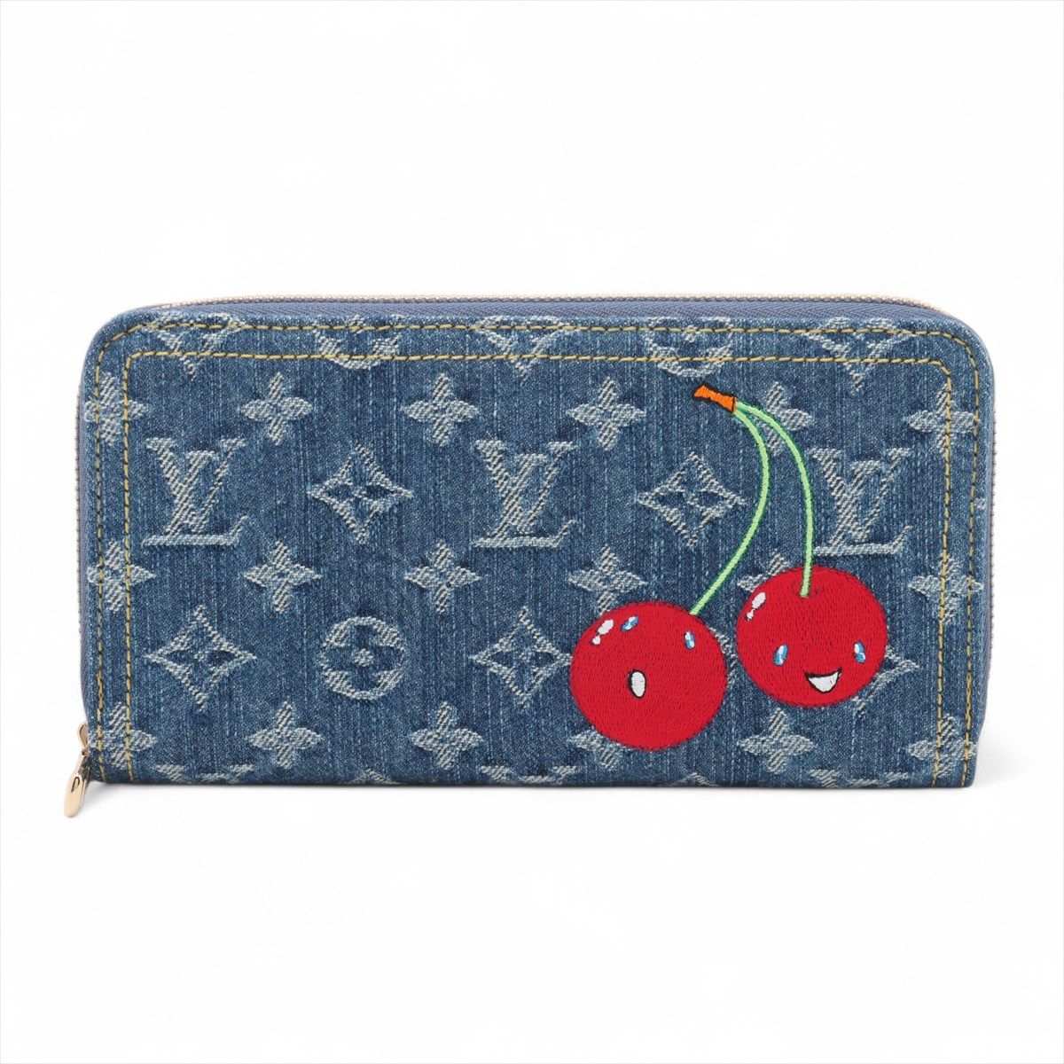 【中古】ヴィトン×村上隆 LV×YK ジッピーウォレット M23161 デニム×レザー ラウンドジップウォレット ブルー RFID反応有