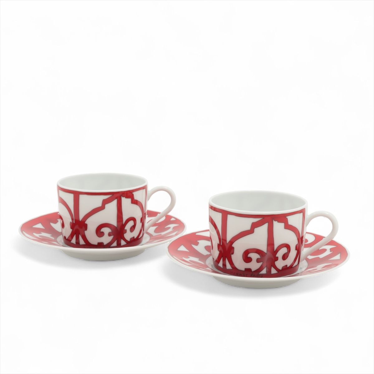 【中古】エルメス ガダルキヴィール カップ&ソーサー 陶器 ホワイト×レッド 2客セット 底印「顕微鏡」「眼鏡」「建物」