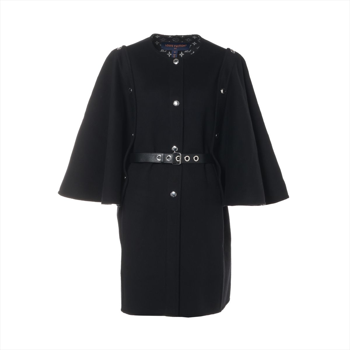 【中古】ヴィトン 24AW 羊毛 厚地の外套 38 レディース 黒いこと  RW242WW モノグラム ケープ 袖取りはらい能力のある ブランド名引き船ほつれ有