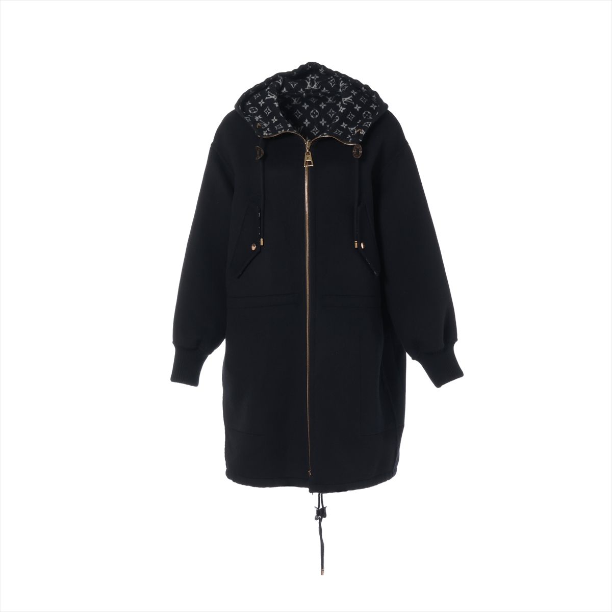 【中古】ヴィトン 22AW 羊毛×地絹 厚地の外套 36 レディース 黒いこと  RW222W モノグラム リヴァーシブル ガーメント ハンガー付き添い人