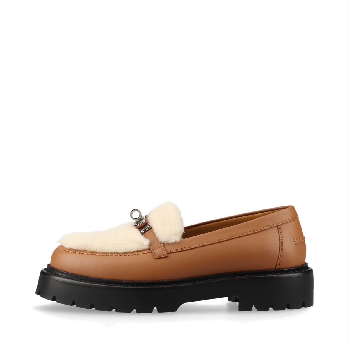 【中古】エルメス アイコン 24AW 羊肉×なめし革 置き目毛革 36.5 レディース 赤銅色×象牙色 ケリー金具 ボア 厚底 ラバーソール