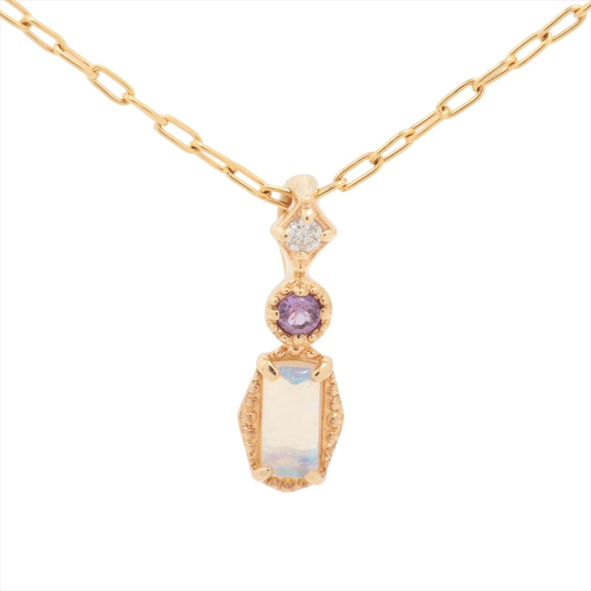 【中古】アガット オパール アメジスト ダイヤ ネックレス K18(YG)×K14(YG) 1.4g