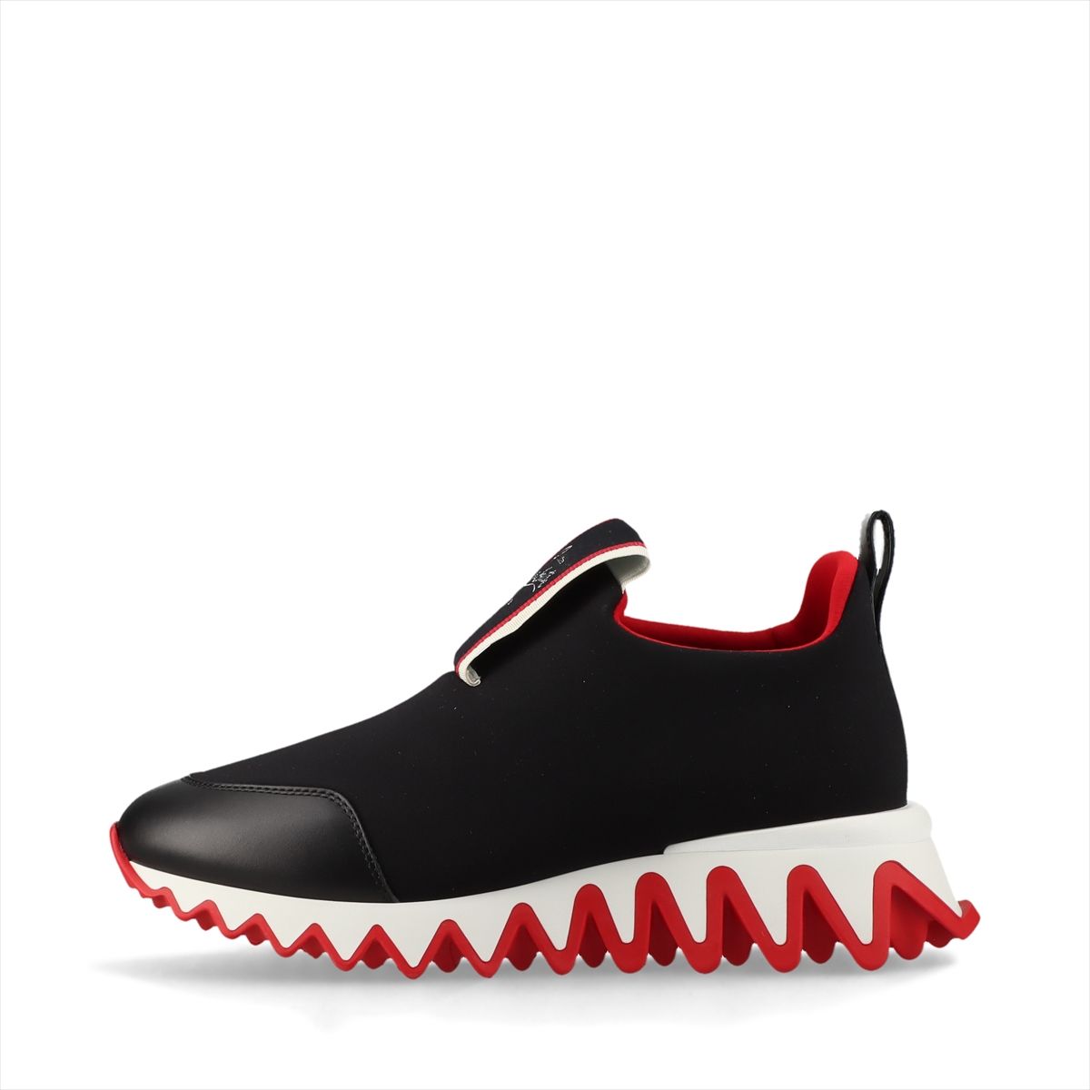 【中古】クリスチャンルブタン Tiketa Run レザー×ファブリック スリッポン 36.5 レディース ブラック×レッド ロゴ 厚底 シャークソール 箱 保存袋あり