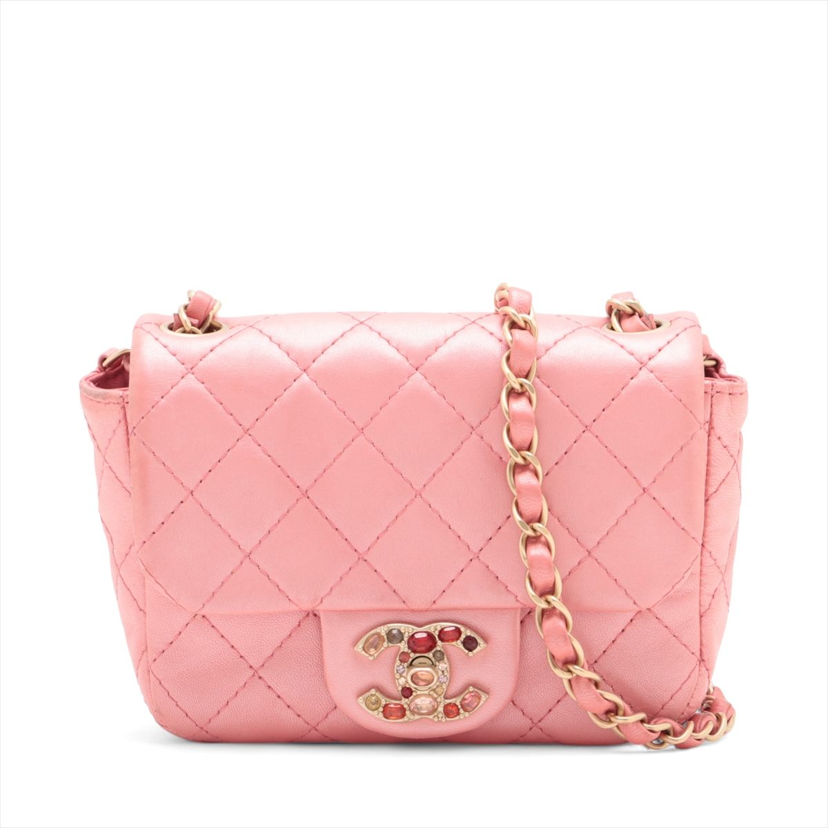 【中古】シャネル ミニマトラッセ17 ラムスキン シングルフラップ シングルチェーンバッグ ピンク ゴールド金具 14番台 A49364