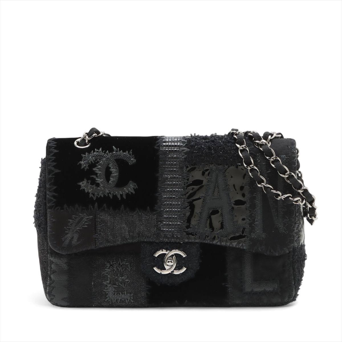 【中古】シャネル パッチワーク ファブリックxレザー シングルフラップ ダブルチェーンバッグ ブラック シルバー金具 25番台