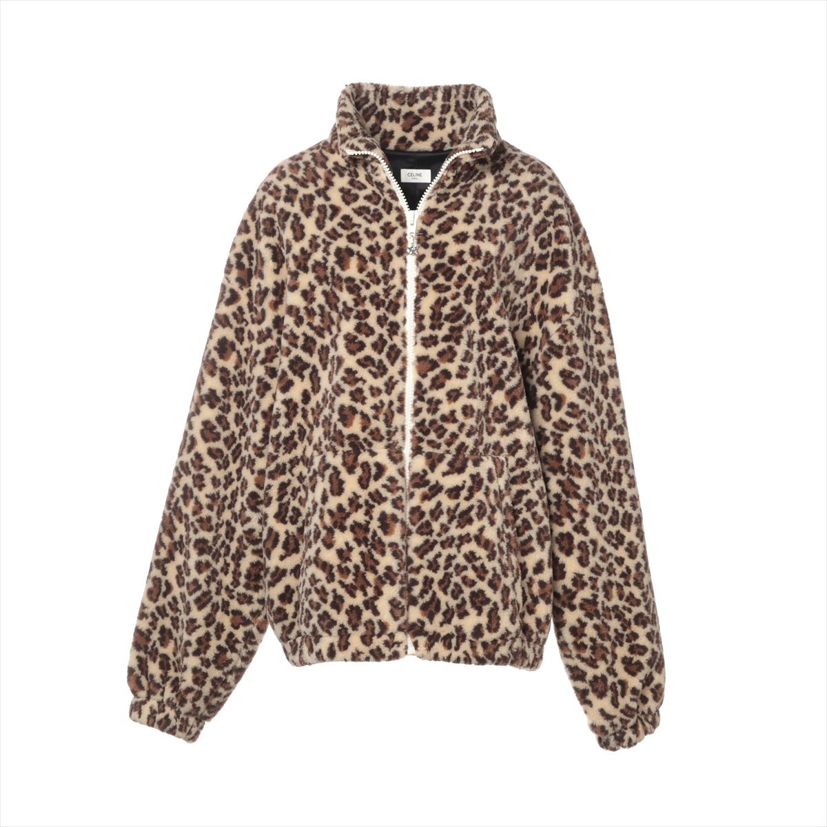 【中古】セリーヌ トリオンフ 25AW 羊毛×ポリエステル フリースジャケット M レディース 赤銅色×ベージュ  2Y26E050X.19LW ロゴタイプ刺・墸 レオパード ボア 上衣 エディ期