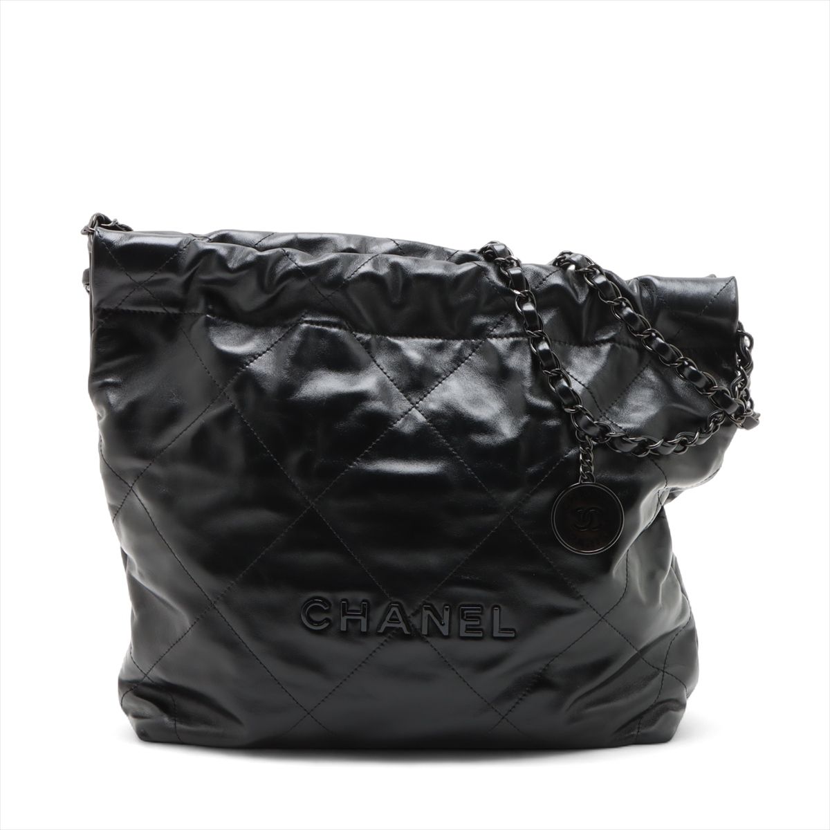【中古】シャネル シャネル22 スモール シャイニーカーフスキン チェーンショルダーバッグ ブラック シルバー金具 ランダムプレート AS3260