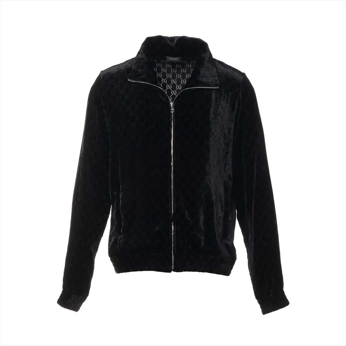 【中古】グッチ 26SS レーヨン×シルク ジャケット M メンズ ブラック 864614 ロゴ総柄 GGストレッチ ベルベット デヴォレジップジャケット