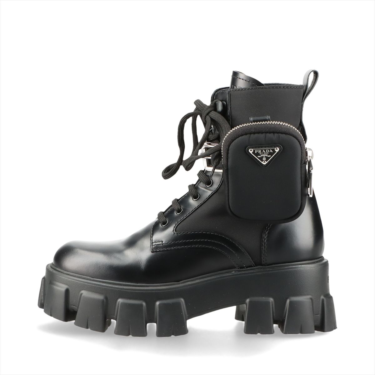 【中古】プラダ Re Nylon リ ナイロン ナイロン×なめし革 遊撃手ブーツ 36 レディース 黒いこと 255 モノ木鼠 ３角形ロゴタイプ 合切袋付き添い人 箱 保護すること袋あり