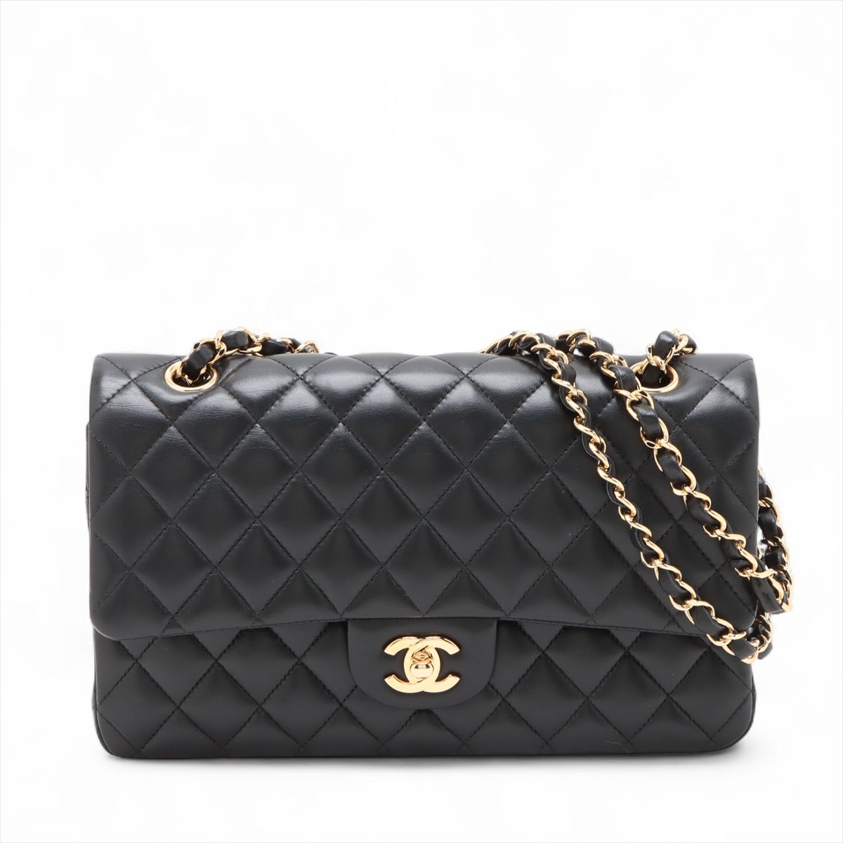 【中古】シャネル マトラッセ25 ラムスキン ダブルフラップ ダブルチェーンバッグ ブラック ゴールド金具 26番台 A01112