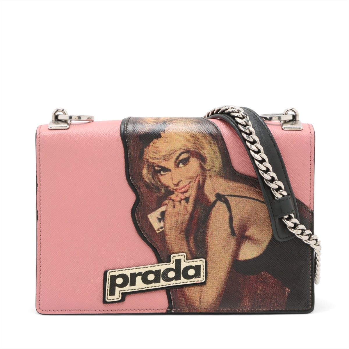 【中古】プラダ サフィアーノ レザー チェーンショルダーバッグ ピンク