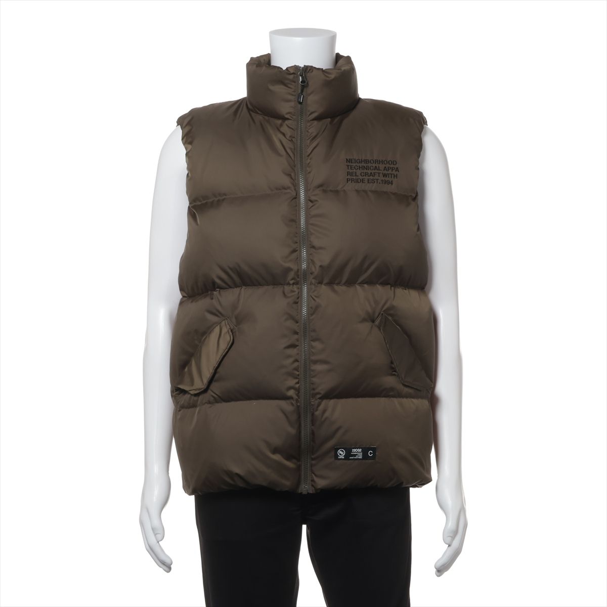 【中古】ネイバーフッド 22AW ナイロン ダウンベスト L メンズ カーキ 222TSNH-JKM11 シミ有
