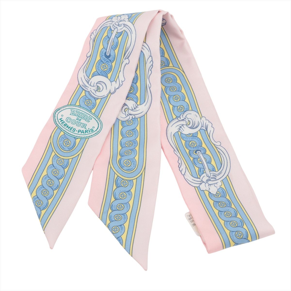 【中古】エルメス ツイリー BRIDE DE COUR 法廷の勒 スカーフ シルク ローズ ペール×シエル×ジョーヌ