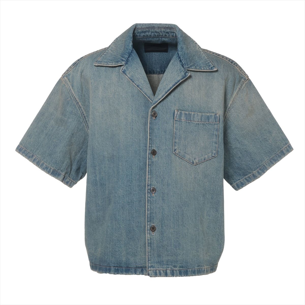 【中古】プラダ 25年 コットン デニムシャツ L メンズ ライトブルー GEC068 ブリーチデニム 半袖