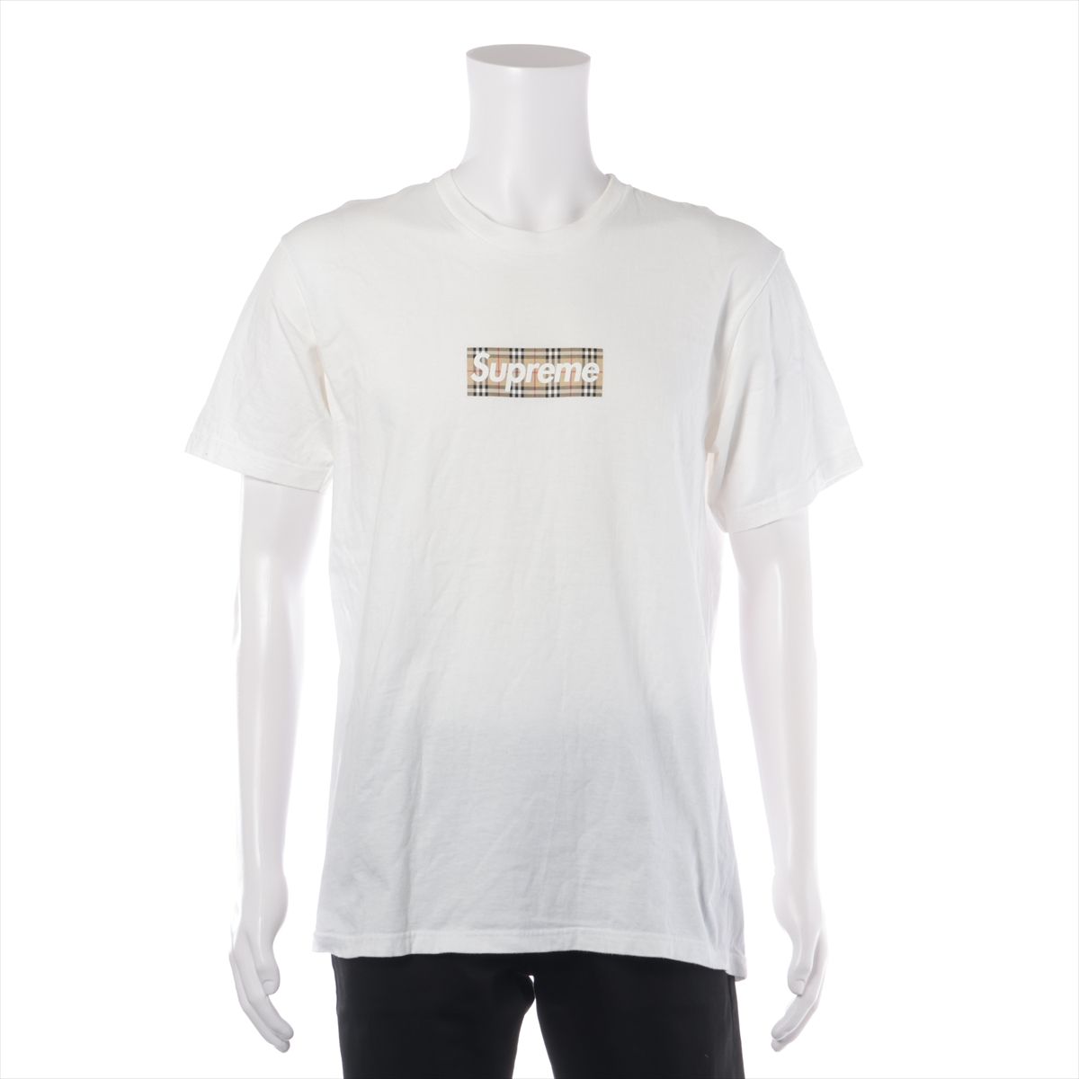【中古】シュプリーム×バーバリー ボックスロゴ コットン Tシャツ M メンズ ホワイト シミ有 シワ有